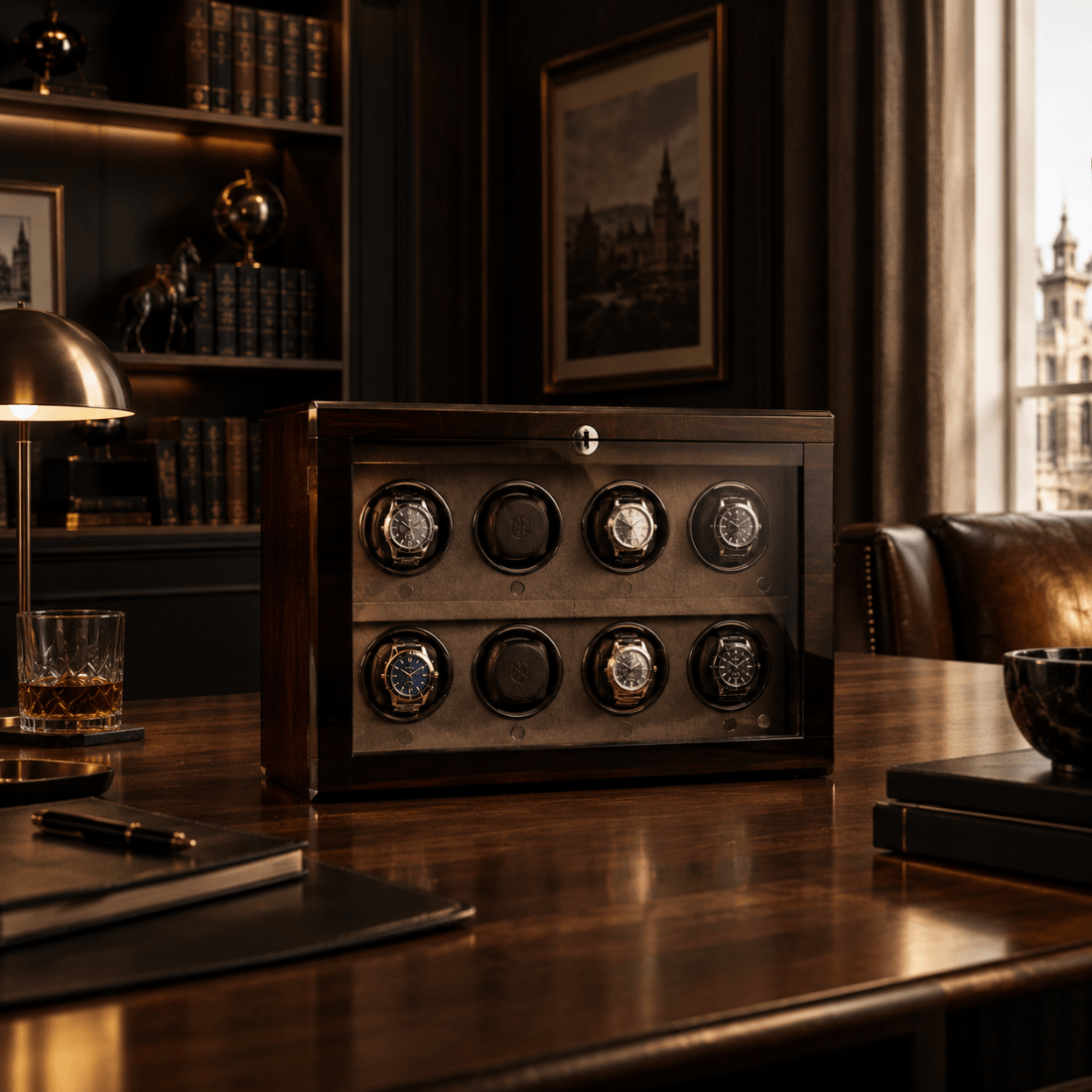 a Multi Watch Winder on a luxury table velmont house