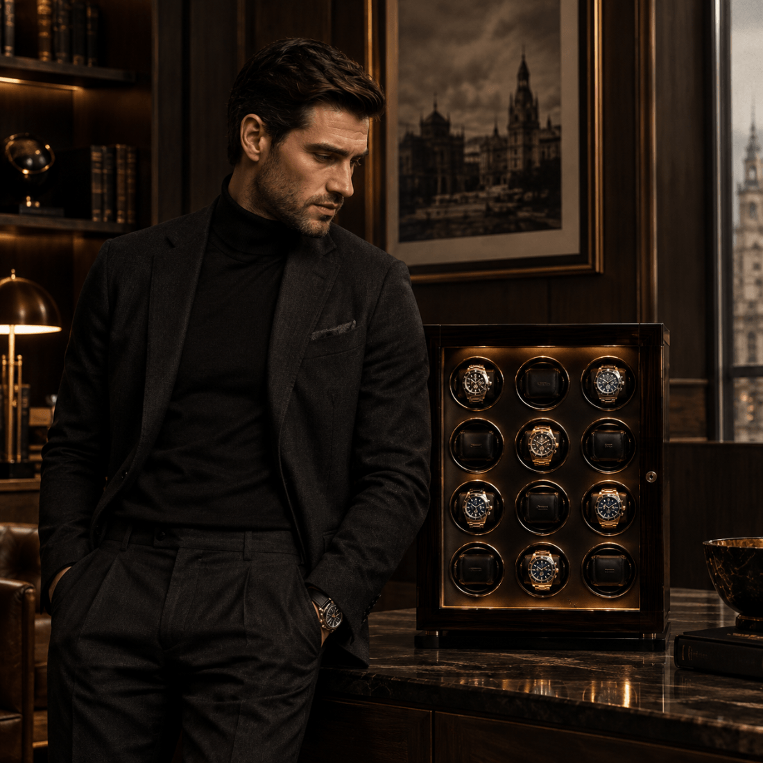 A man in a dark charcoal blazer and black turtleneck stands in a dimly lit, elegant room next to a wooden watch winder display case filled with wristwatches.