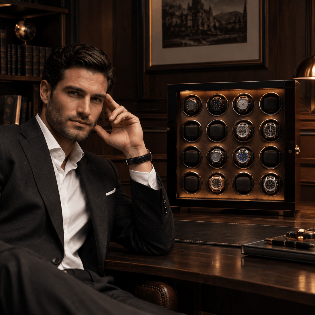 A man in a dark suit sits at a wooden desk beside a multi watch winder case containing multiple watches, in a dimly lit, upscale office setting.