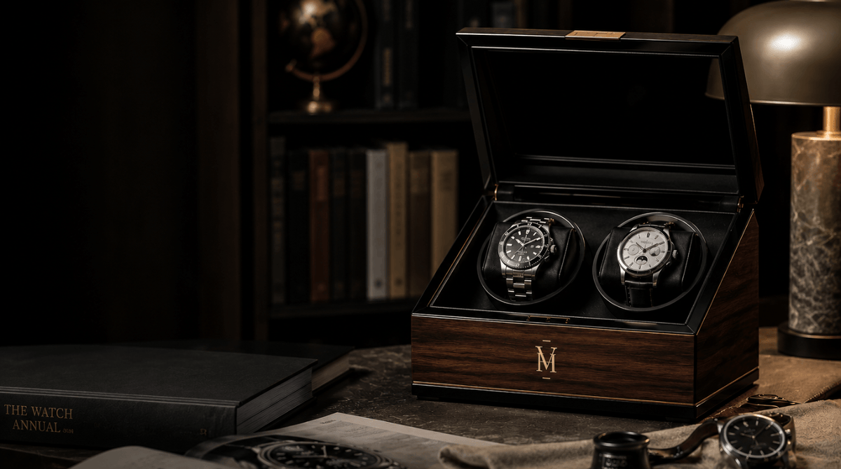 An open dark wood watch winder box with two rotating watch cushions, each holding a wristwatch, displayed on a tabletop in a dimly lit study setting.
