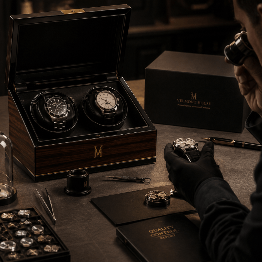 A luxury watchwinding and repair workshop scene featuring a wooden watch winder box with two watches inside, a person in black gloves holding a watch under a loupe, branded black boxes including 'VELMONT HOUSE', tools, and paperwork on a dark workbench.